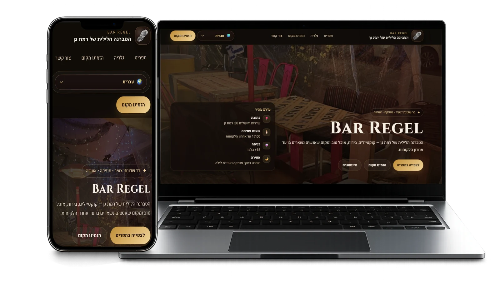 Bar Regel: תצוגת האתר במחשב ובטלפון